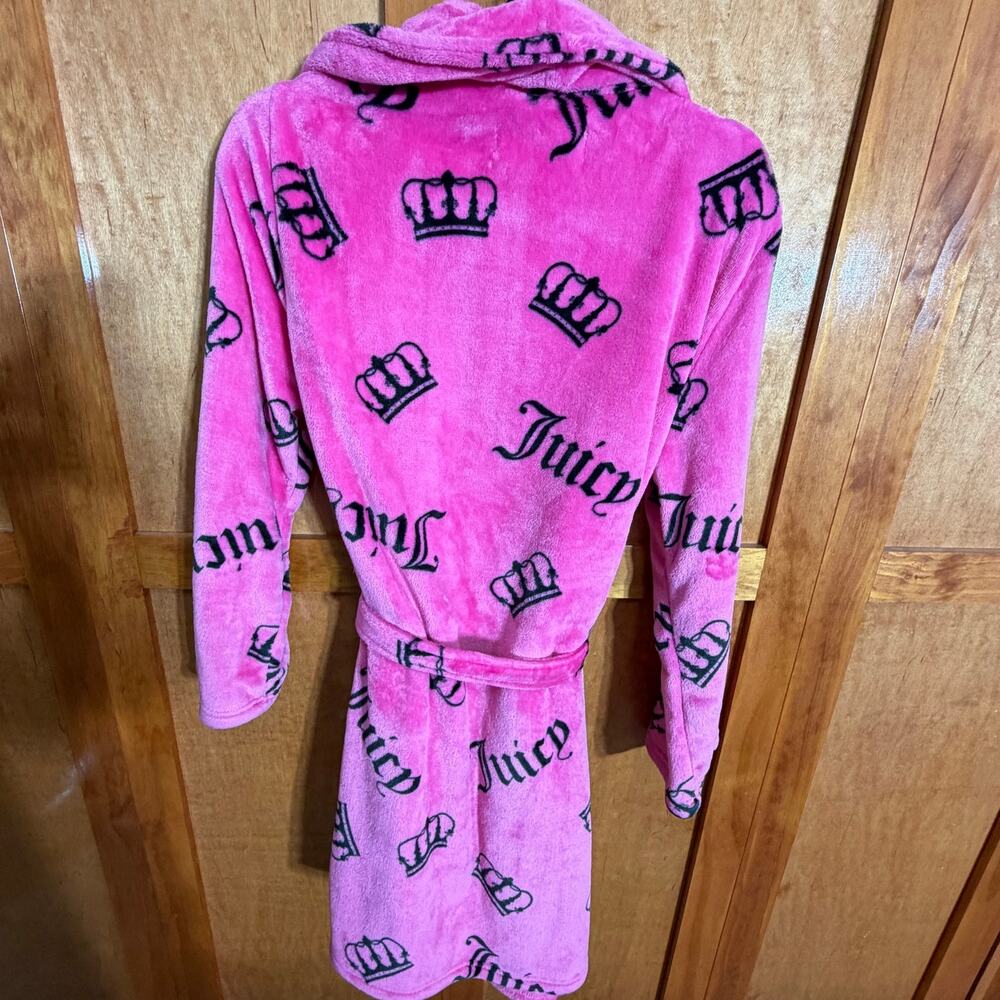 Juicy Couture Pink Fleece Robe L/XL Crown Logo Belted Sleepwear Plush - Picture 2 of 7